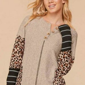 Full Size Run Mixed Print Quarter Button Top Sweater